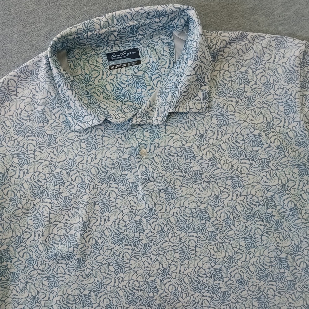 Ben Hogan Performance Mens 2XL Golf Polo Shirt Blue Green Tropical Leaf Print